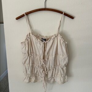 Laarmario boho cream tiered, ruffle tie, open front tank top festival, S M